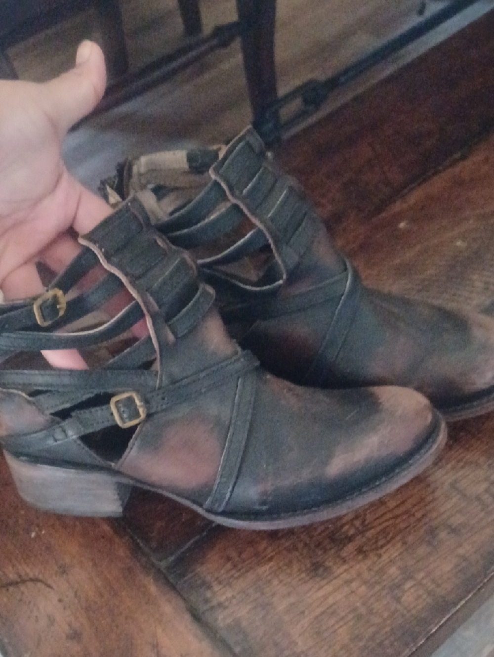 freebird Distressed Brown Cutout Ankle Booties with Buckles